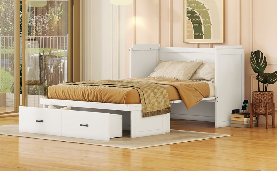 Full Size Murphy Bed With USB Port And A Large Drawer - White - Image 18