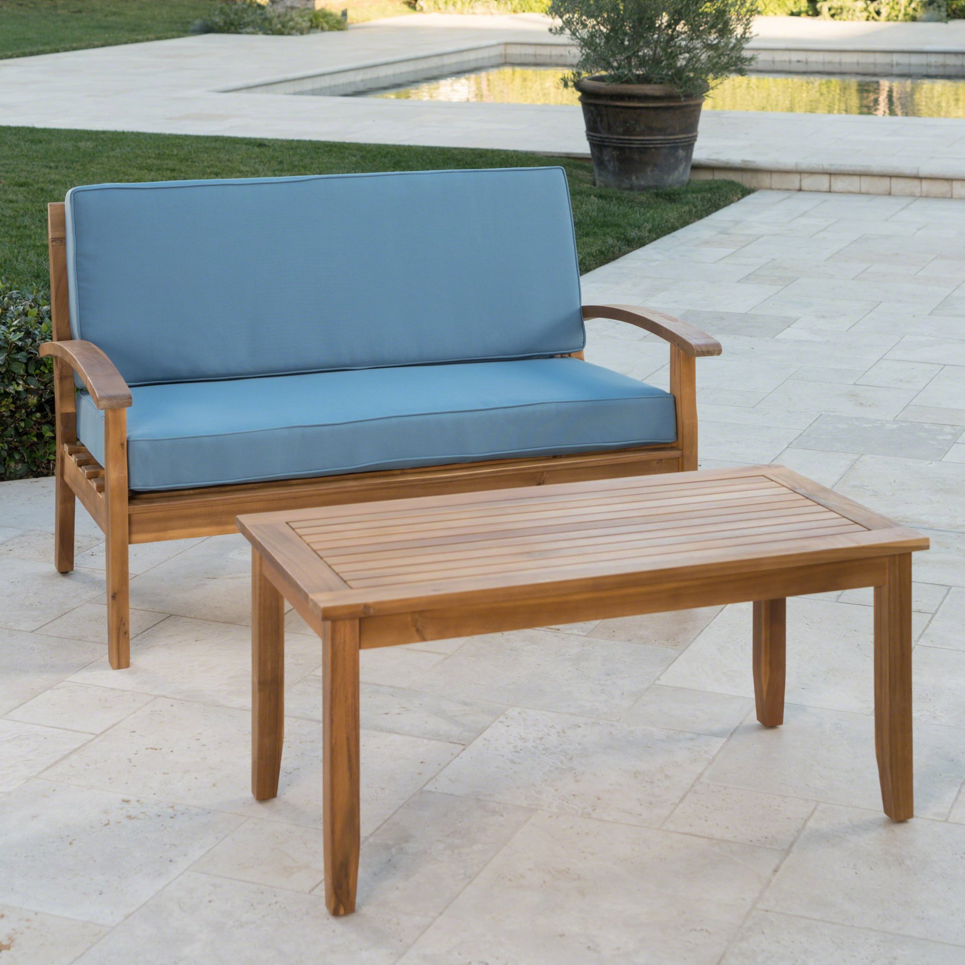 Outdoor Chat Set With Coffee Table And Loveseat - Teak - Image 8