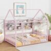 Full Size Bed House Frame With Fence And Shelves - Pink - Image 8