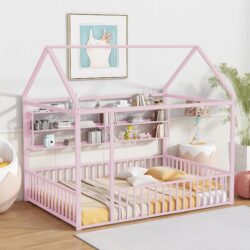 Full Size Bed House Frame With Fence And Shelves - Pink