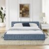 Modern Queen Size Upholstered Bed Frame With Pleated Chenille Fabric And Headboard, No Box Spring Needed - Blue - Image 5