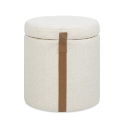 Brandy - Round Upholstered Storage Ottoman With Leather Accent - Flax White