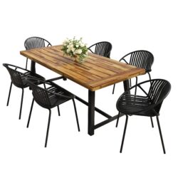 7 Piece Outdoor Modern Dining Set With Stackable Chairs - Black / Teak