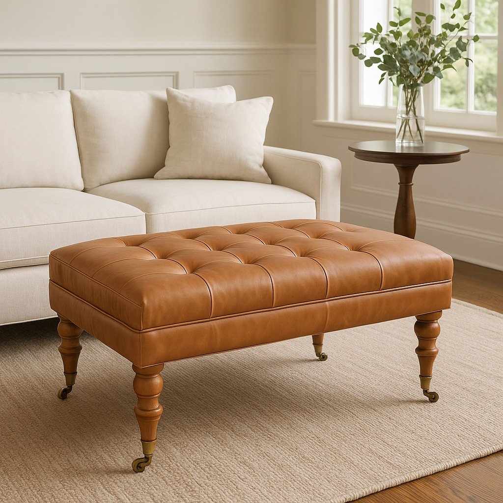 Buffalo - Leather Ottoman With Castor Legs - Tan - Image 9