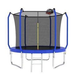 8Ft Trampoline With Basketball Hoop, Astm Approved Reinforced Type Outdoor Trampoline With Enclosure Net - Blue