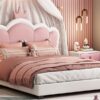 Full Size Upholstered Princess Bed With Crown Headboard, Full Size Platform Bed With Headboard And Footboard - White / Pink - Image 12