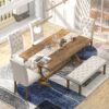 Farmhouse Dining Table Set 6 Piece Wood Rectangular Table With Upholstered Chairs And Bench - Walnut - Image 4