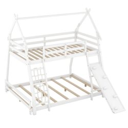 Twin Over Queen House Bunk Bed With Climbing Nets And Climbing Ramp - White