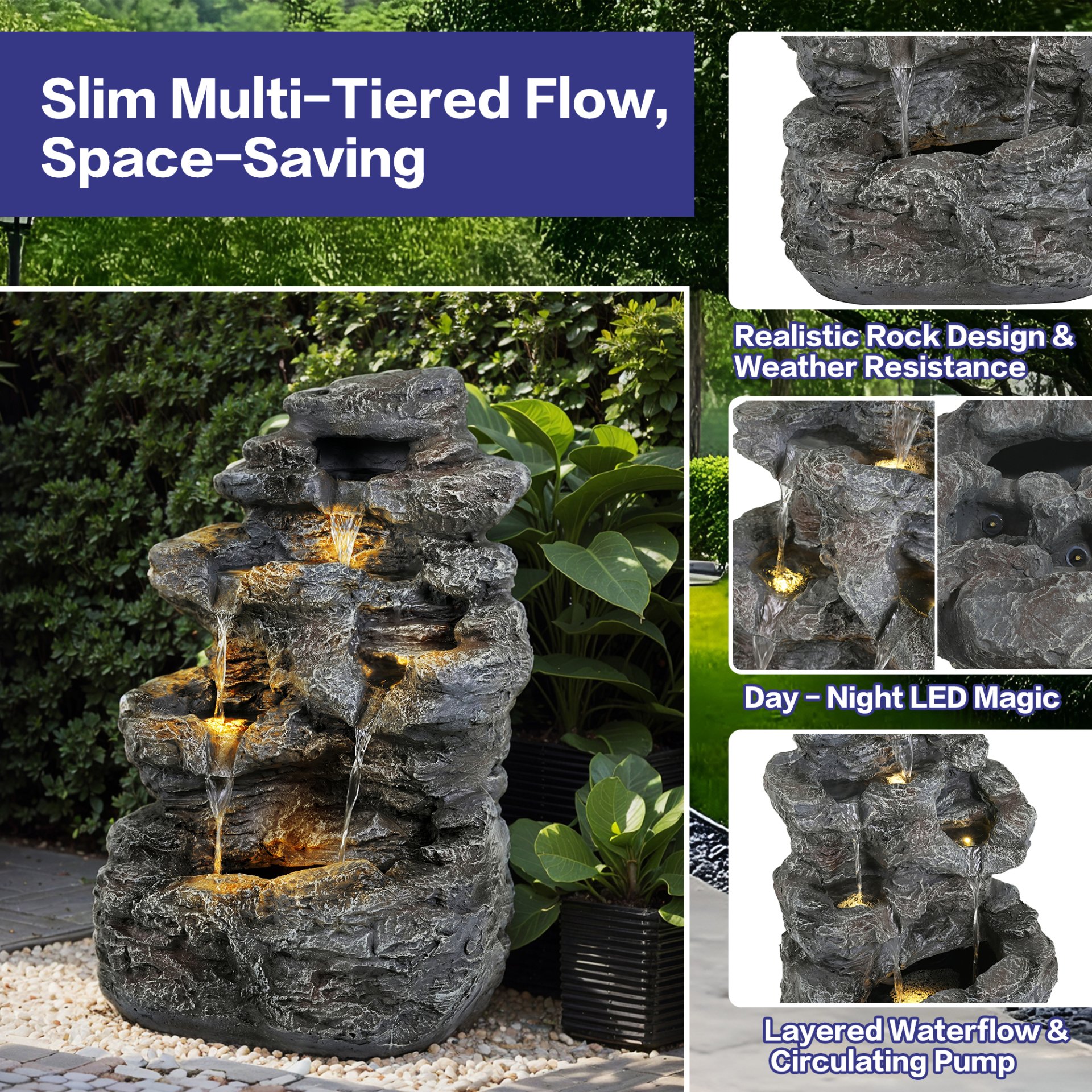Tall Slim Fountain With LED Lights, 5 Tiered Cascading Water Feature, Outdoor Accent For Patios And Balconies - Gray - Image 4