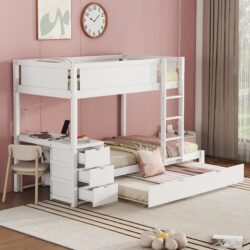 Twin Over Twin Bunk Bed With Twin Size Trundle, Storage And Desk - White