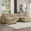 Oversized Modular Cushion Sofa Set With Portable Ottoman L Shaped Corner Low Back Deep Seating In Corduroy - Tan - Image 11