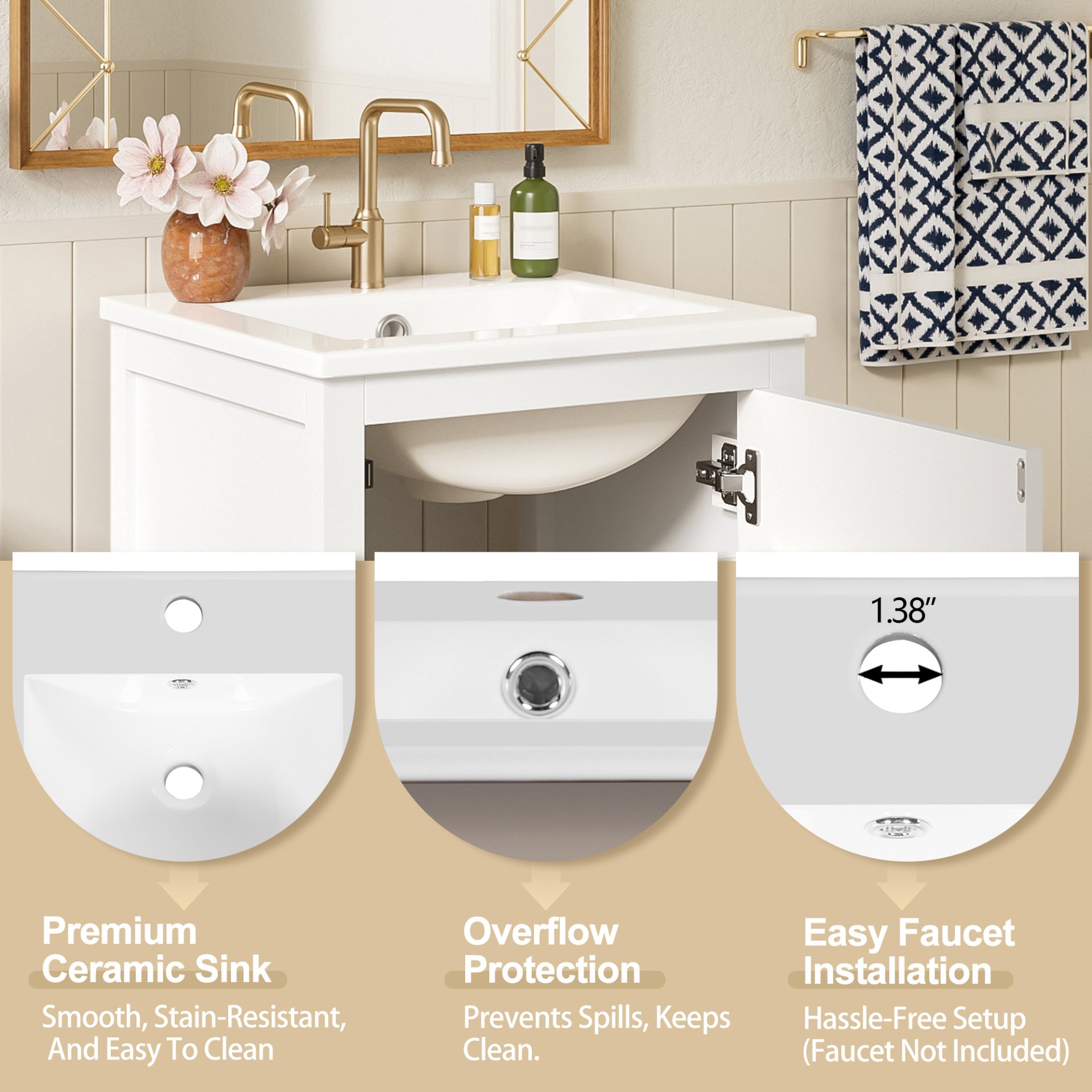 18" Bathroom Vanity With Sink, Soft Close Drawers, Door Organizer, Divider Drawer, Adjustable Foot Pads - White - Image 10
