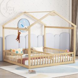 Double Twin House-Style Floor Bed With Fence, Guardrails, Without Door - Natural
