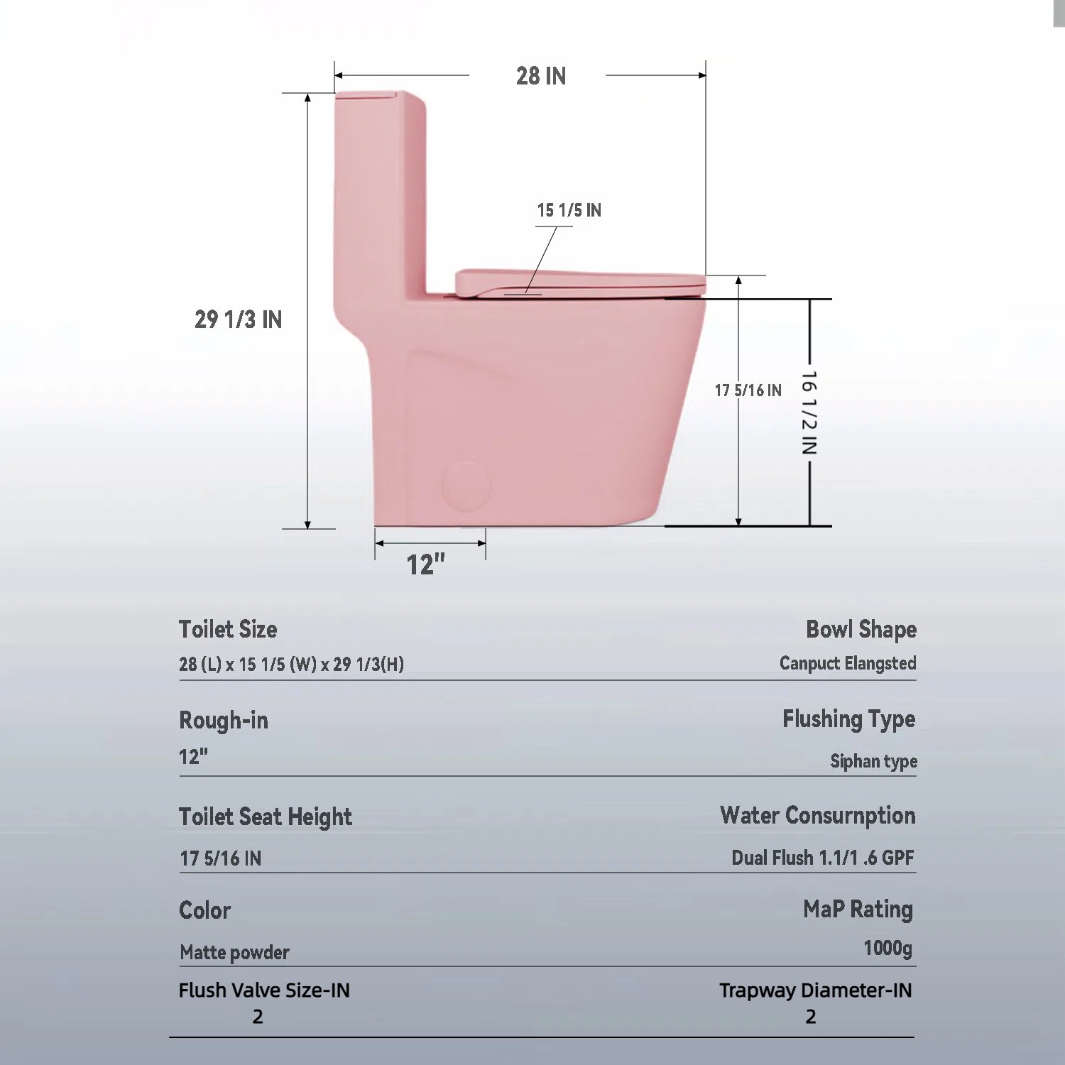 Fan Shaped Design 1 Piece Toilet With Elongated Bowl And Soft Close Seat, Dual Flush 1.1 / 1.6 Gpf - Pink Flower - Image 3