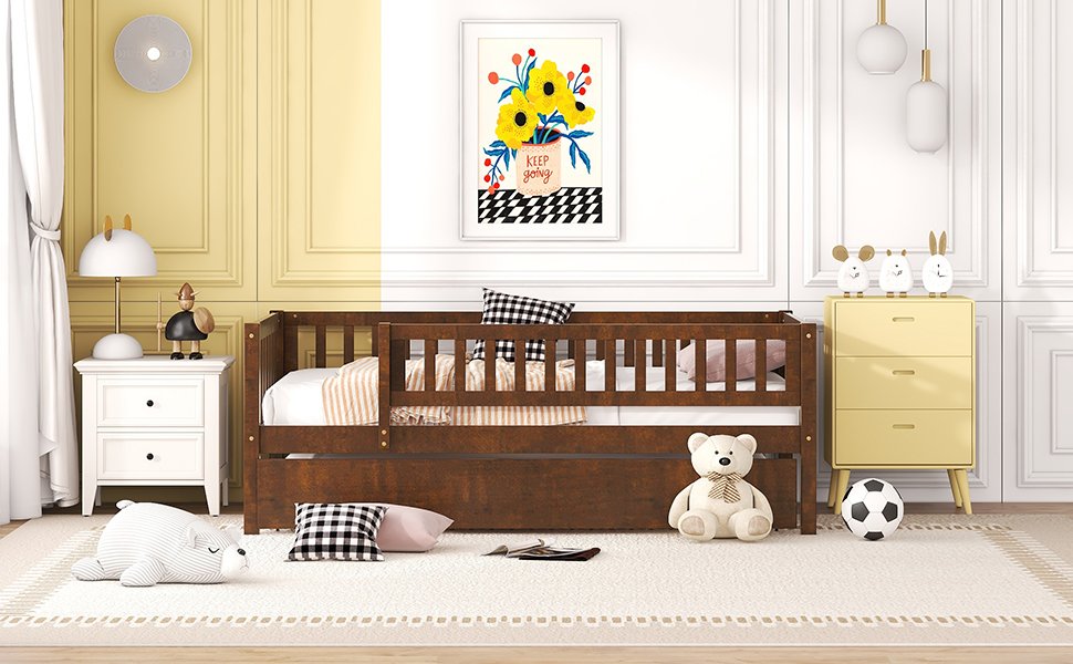 Twin Size Daybed With Trundle And Fence Guardrails - Walnut - Image 17