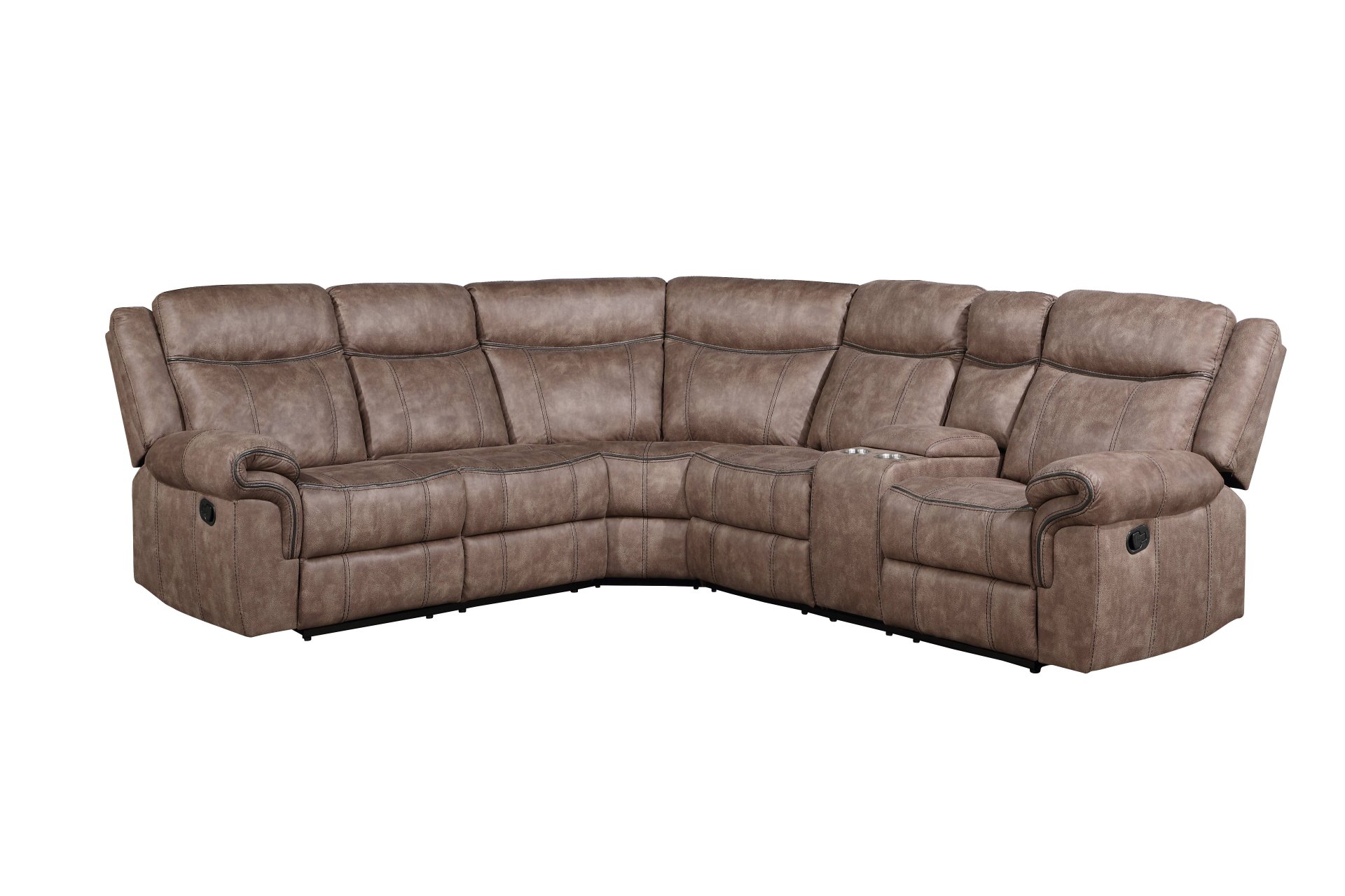 Dollum - Two Tone Nubuck Manual Recliner Sectional Sofa With USB Port Cupholder Console - Chocolate - Image 4