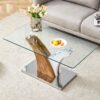 Modern Rectangular Coffee Table With Tempered Glass Top And Artistic Legs - White / Wood - Image 2