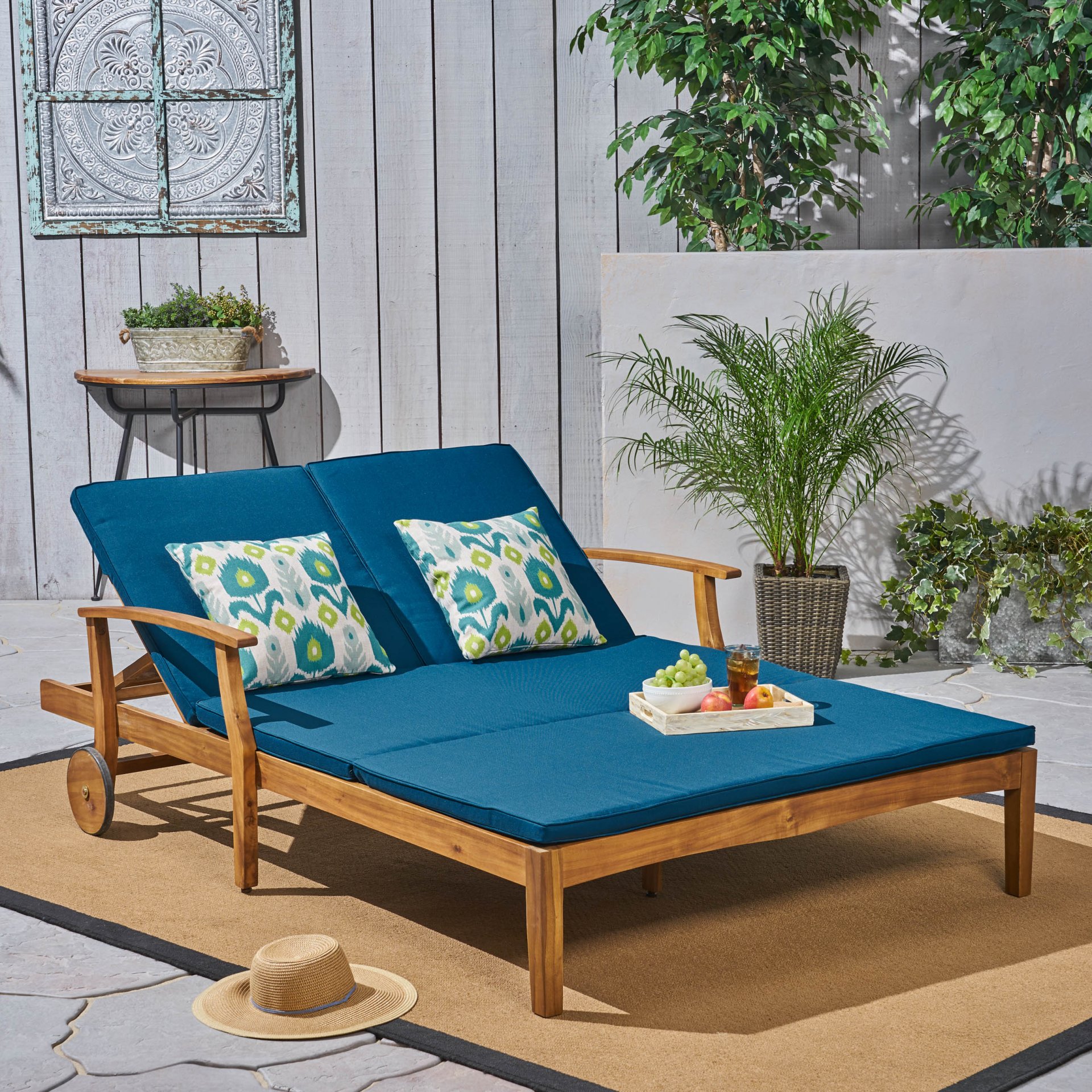 Etherealize - Outdoor Adjustable Double Chaise Lounge With Water Resistant Cushions - Teak / Blue - Image 4