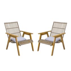 Acacia Wood Cape Woven Wicker Large Lounge Chair With Pillow For Patio, Deck, Yard, Lawn And Garden Seating Wicker (Set of 2) - Teak