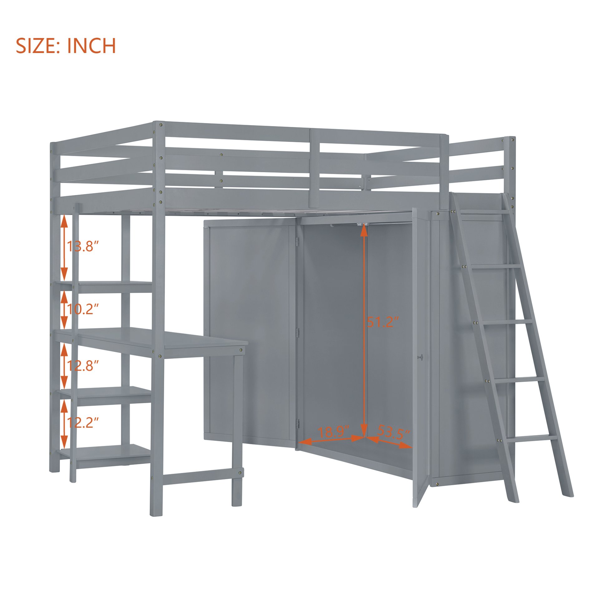 Full Size Loft Bed With Wardrobe And Desk And Shelves - Gray - Image 8