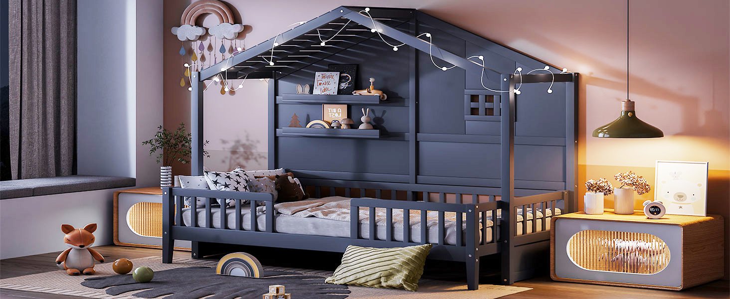 Twin Size House Bed With Shelves, Window And Sparkling Light Strip On The Roof - Gray - Image 24