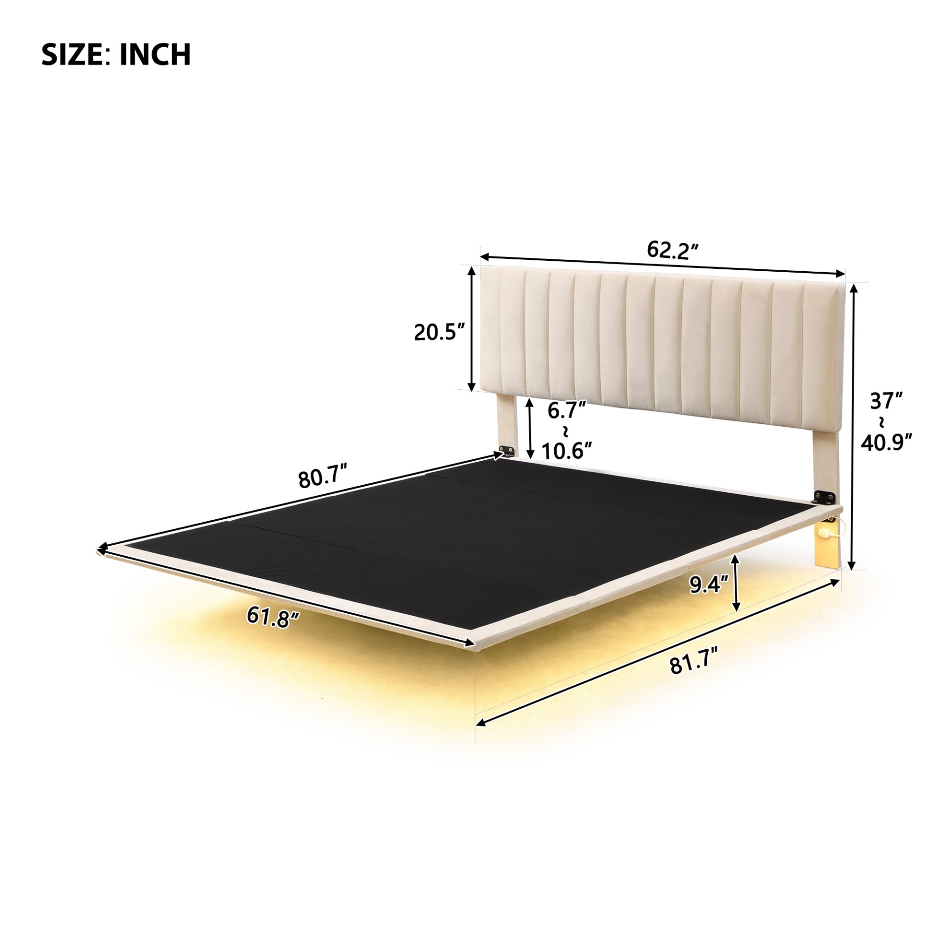 Queen Size Upholstered Bed With Sensor Light And Headboard, Floating Platform Bed - Beige - Image 12