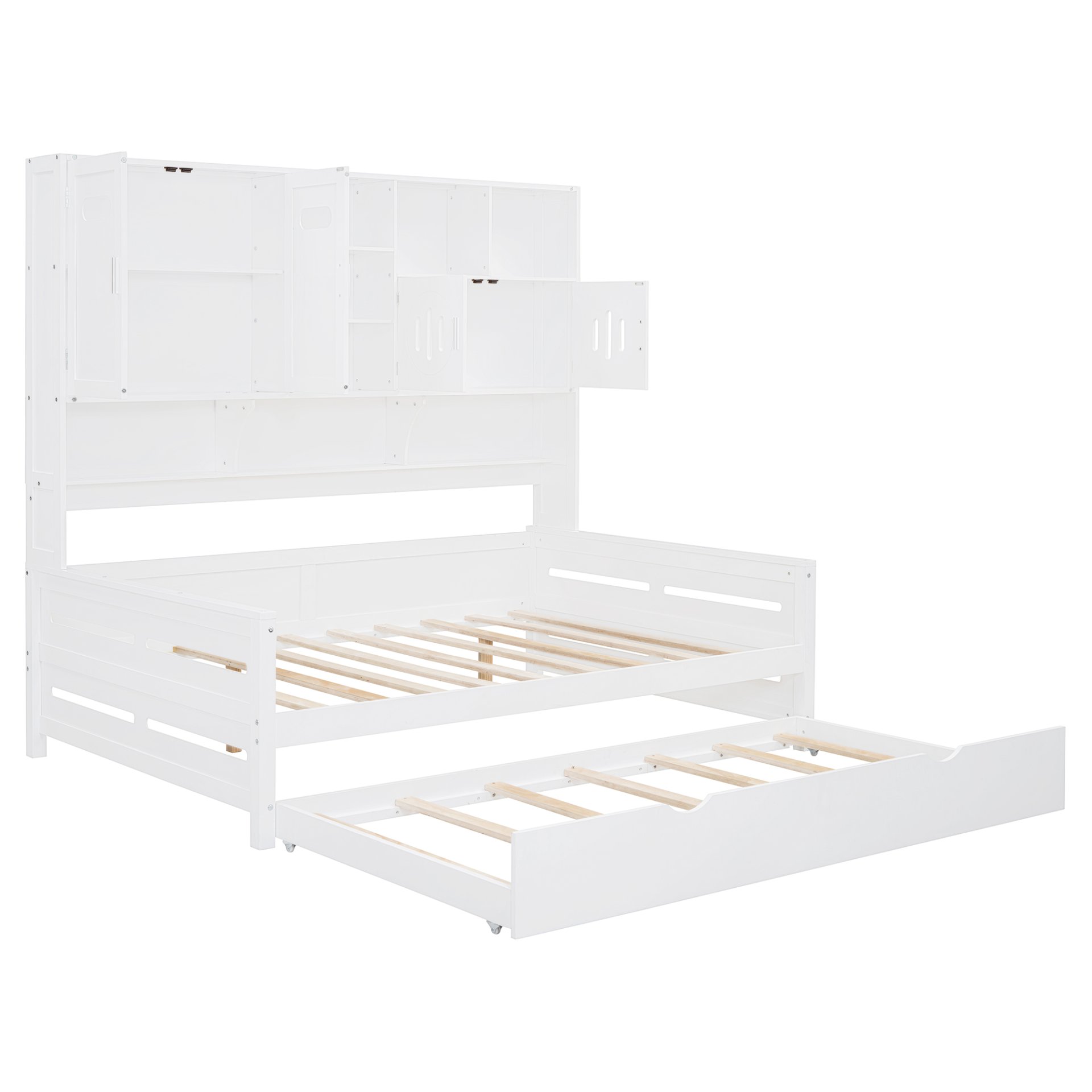 Full Size Wooden Daybed With Twin Size Trundle, And All In One Cabinet And Shelf - White - Image 9