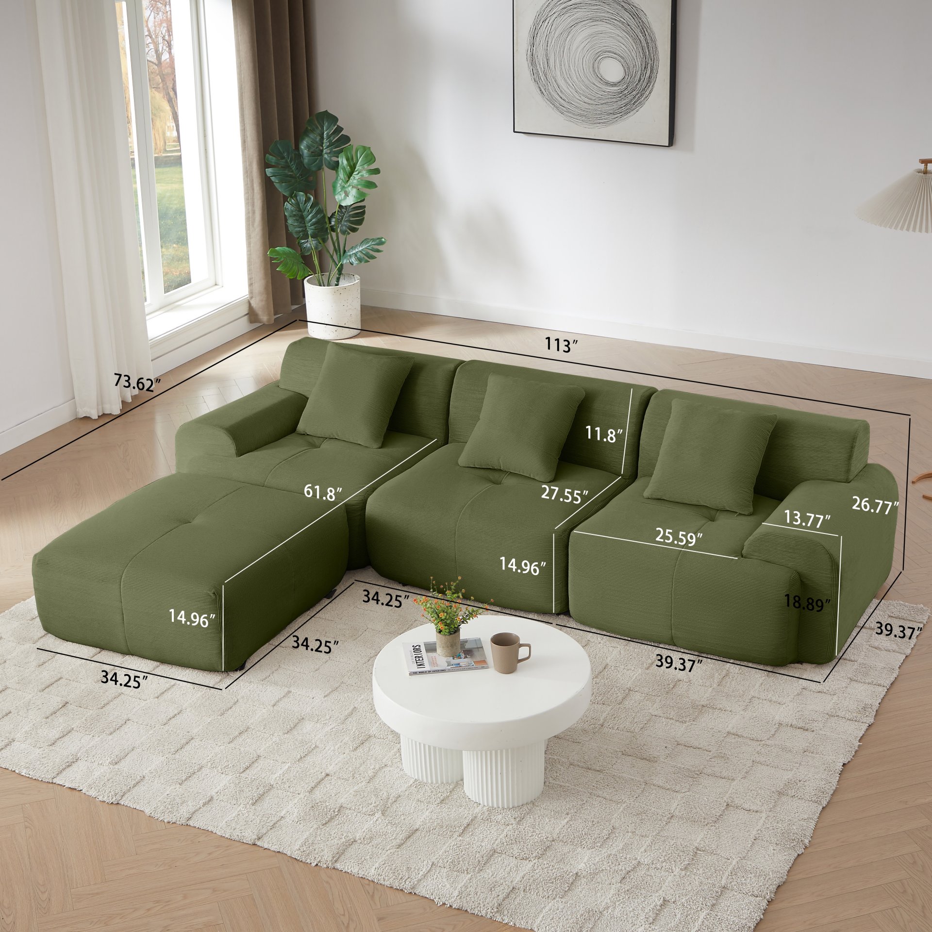 L Shaped Modular Sectional Sofa, Oversized 3 Seater With Deep Seat And Movable Ottoman - Green - Image 3