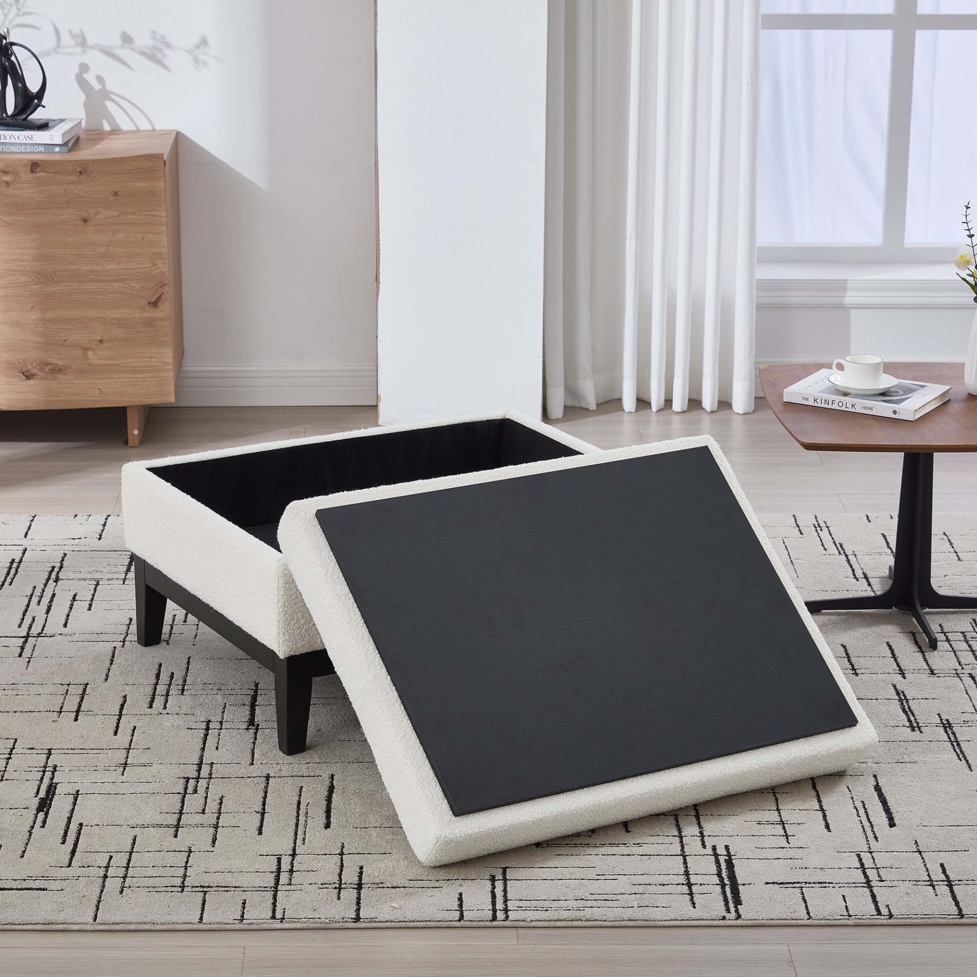 Upholstered Wood Base Storage Ottoman With Reversible Lid Coffee Table, Foot Stool Square Footrest With Rubberwood Legs For Living Room Bedroom Entryway And Office - Ivory - Image 7