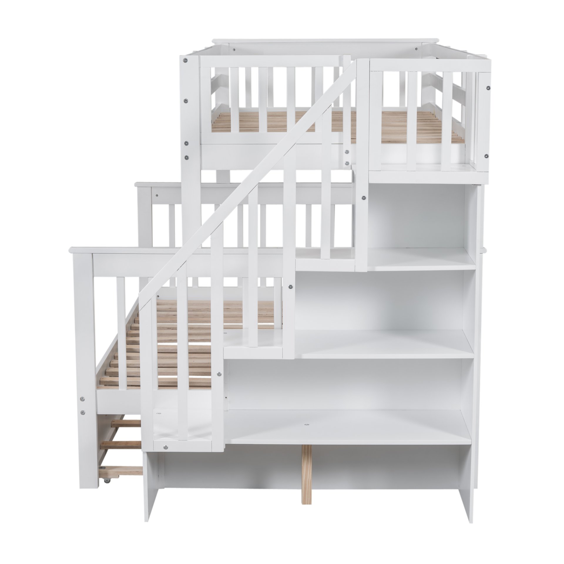 Twin Over Full Bunk Bed With Twin Size Trundle, Storage And Guard Rail For Bedroom - White - Image 15