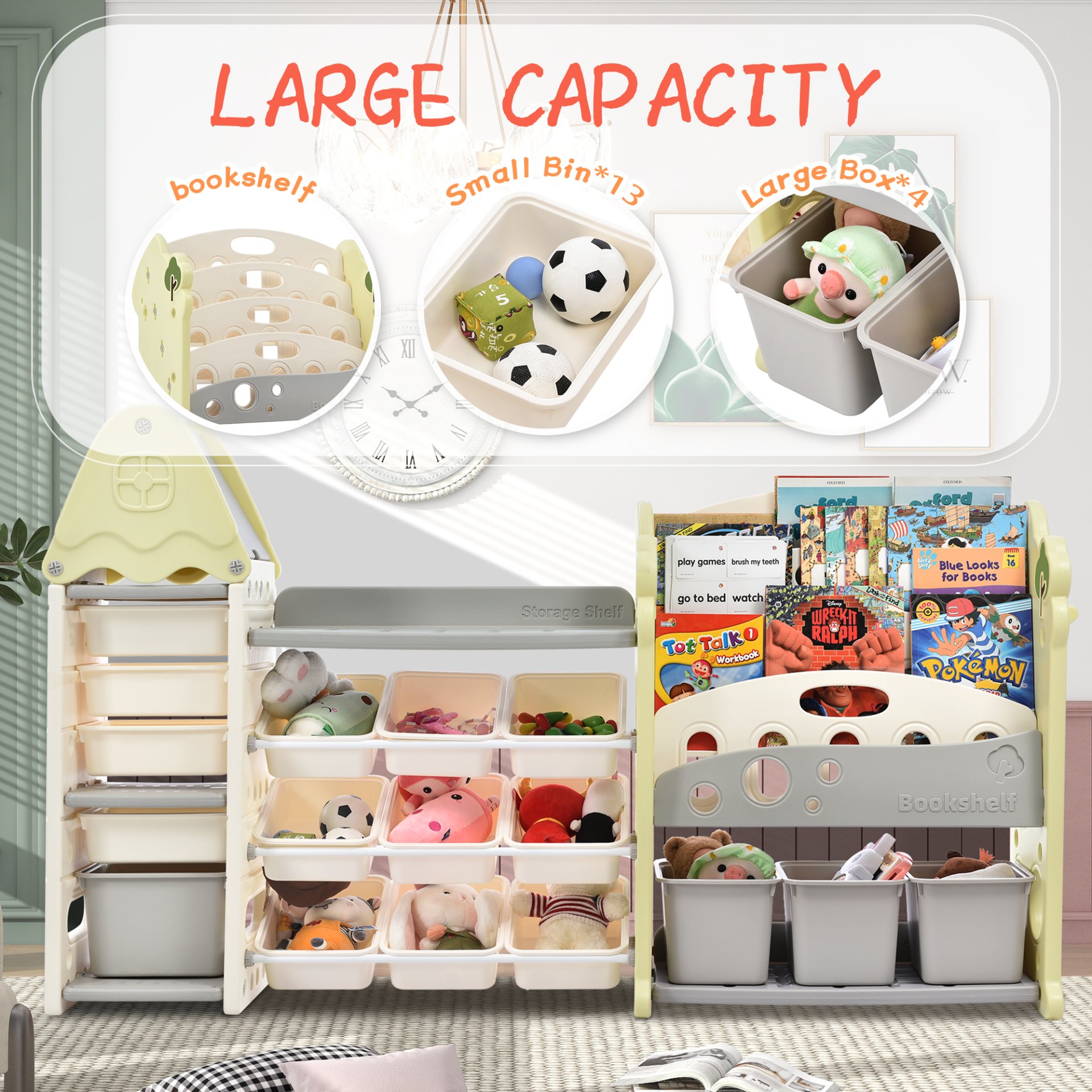 Kids Bookshelf Toy Storage Organizer With 17 Bins And 5 Bookshelves, Multi-Functional Nursery Organizer Kids Furniture Set Toy Storage Cabinet Unit With HDPE SheLF And Bins - Light Green - Image 5