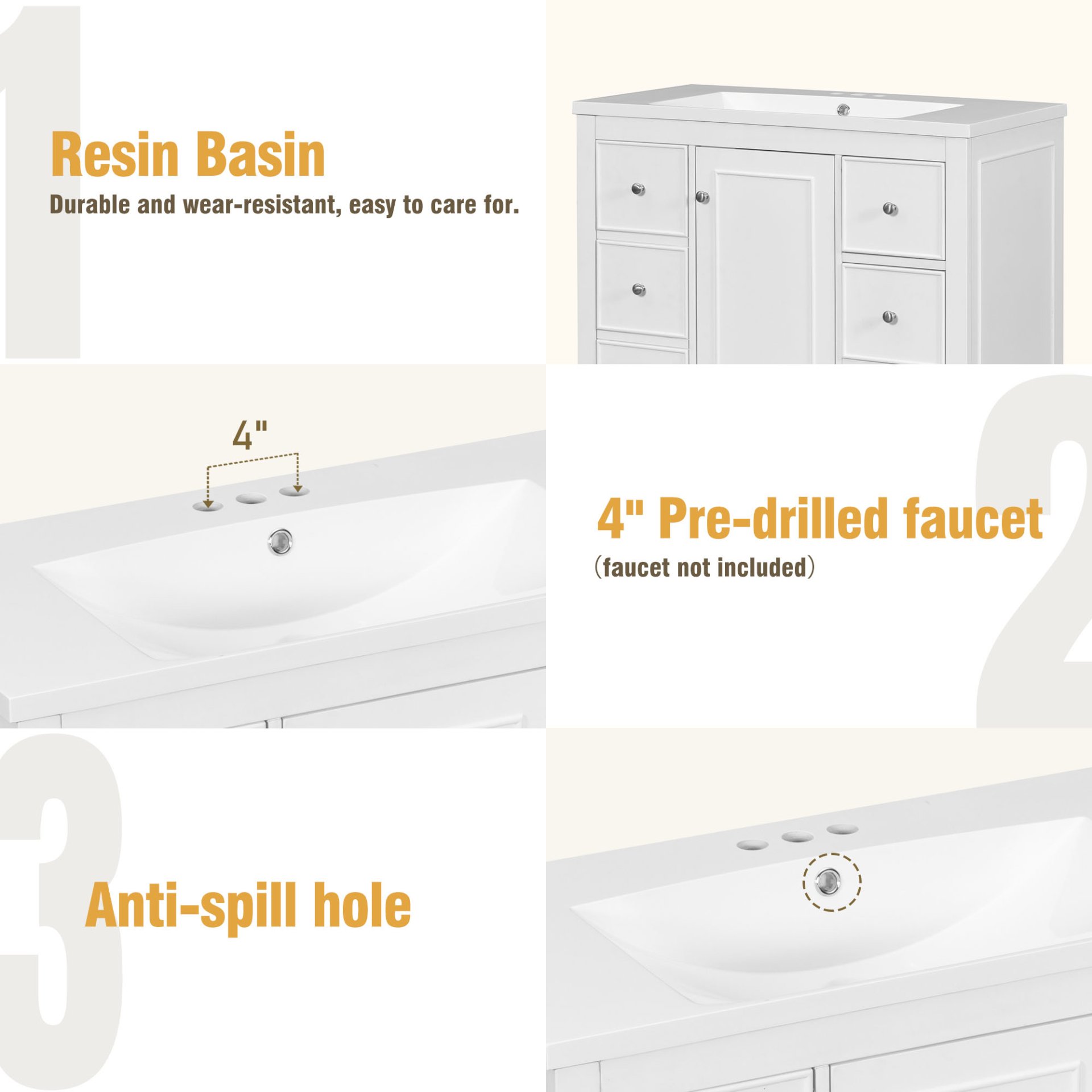 Contemporary Bathroom Vanity Cabinet, 4 Drawers & 1 Cabinet Door, Multipurpose Storage, Resin Integrated Sink, Adjustable Shelves, Solid Wood Frame With MDF - White - Image 9