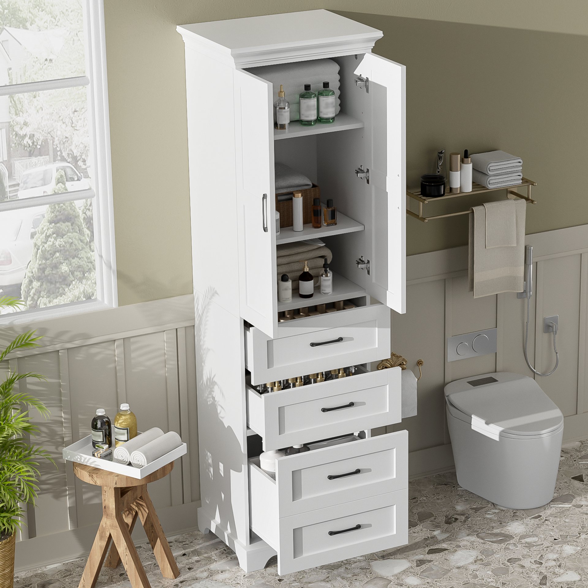 Bathroom Vanity With 2 Damping Hinge Doors, 3 Drawers, Adjustable Shelves - White - Image 5