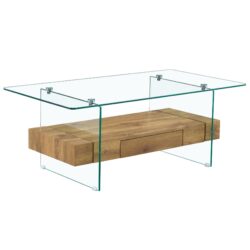 Modern 2 Tier Coffee Table Clear Tempered Glass And Wood Grain Multifunctional Storage Design - Natural Wood / Transparent