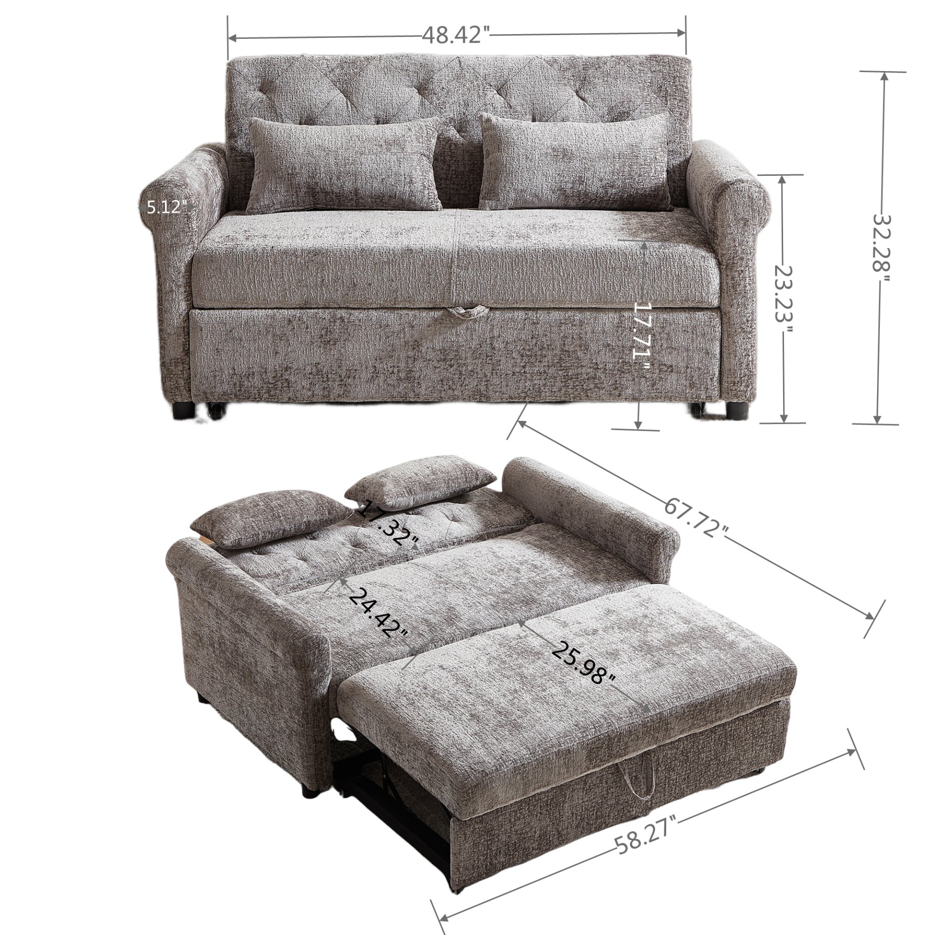 3 In 1 Loveseat Sofa Bed Chenille Fabric Pull Out Couch Sleeper Full Back Frame, Seat Frame, Armrests & 2 Pillows - Light Gray - Image 3
