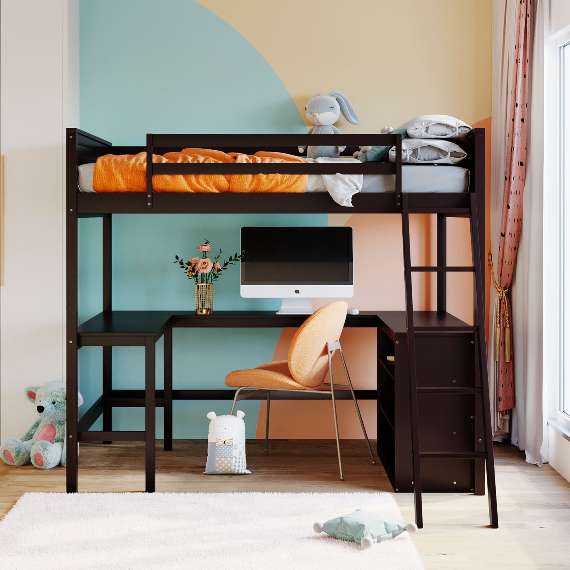 Full Size Loft Bed With Shelves With Desk - Espresso - Image 2