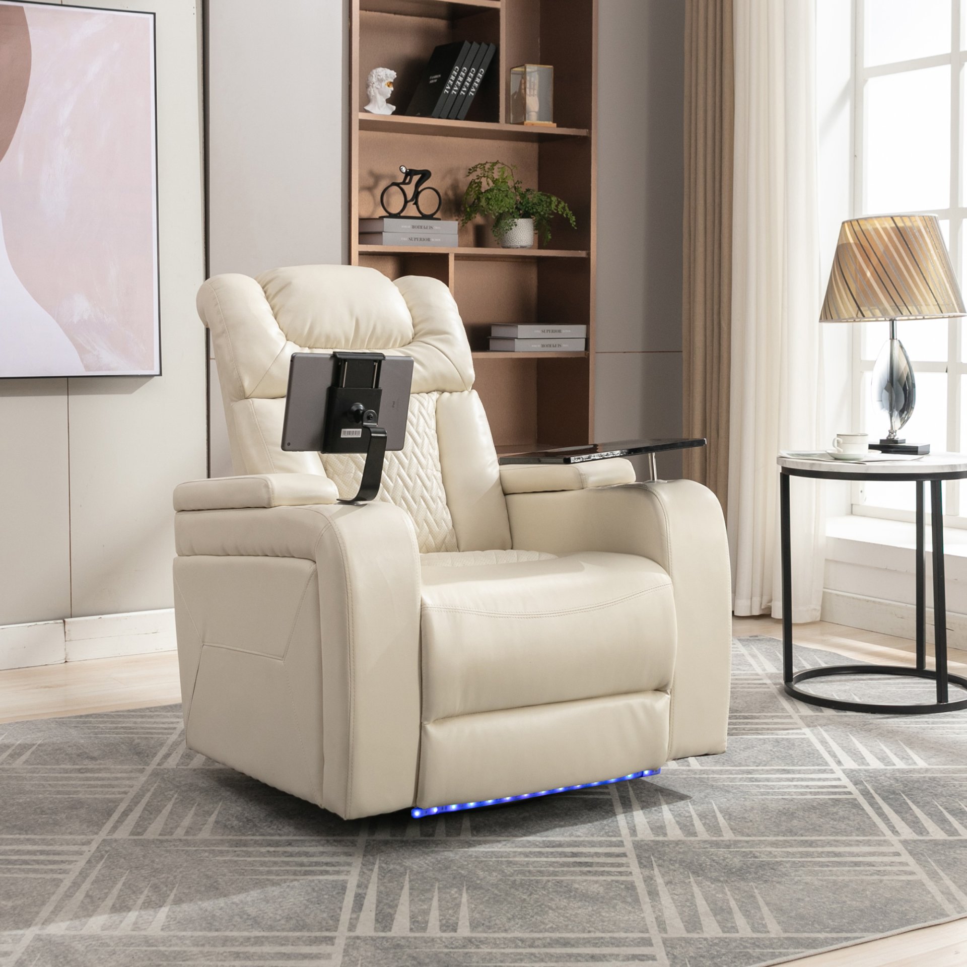 Home Theater Recliner With 270 Degree Swivel, Power Recliner With Tray Table, Phone Holder, Cup Holder, USB Port - White - Image 9