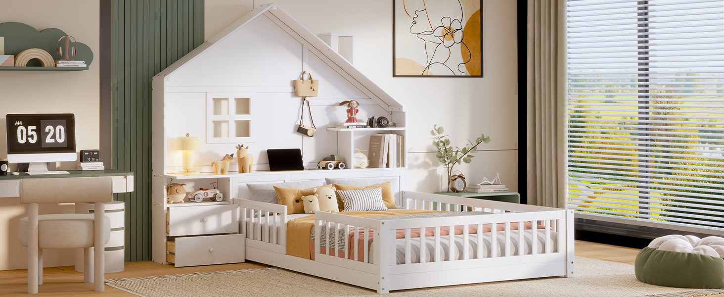 Full Size House Bed With Window And Bedside Drawers, Platform Bed With Shelves And A Set Of Sockets And USB Port - White - Image 19
