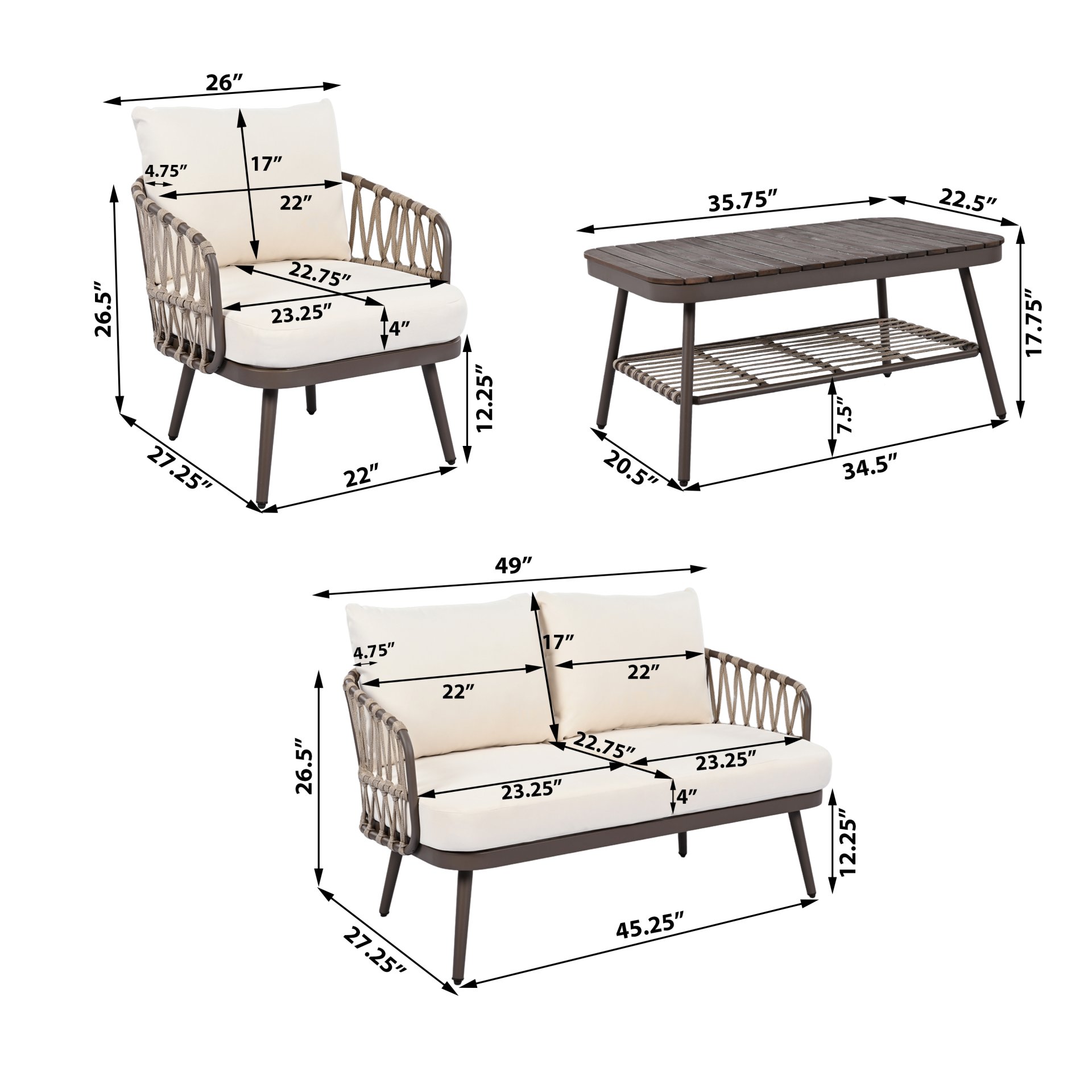4 Piece Outdoor Patio Furniture Set, Metal Chairs With Woven Rope U Shaped Backrest, Outdoor Conversation Set With Thick Cushions And Coffee Table For Garden, Poolside, Balcony - Brown / Beige - Image 3