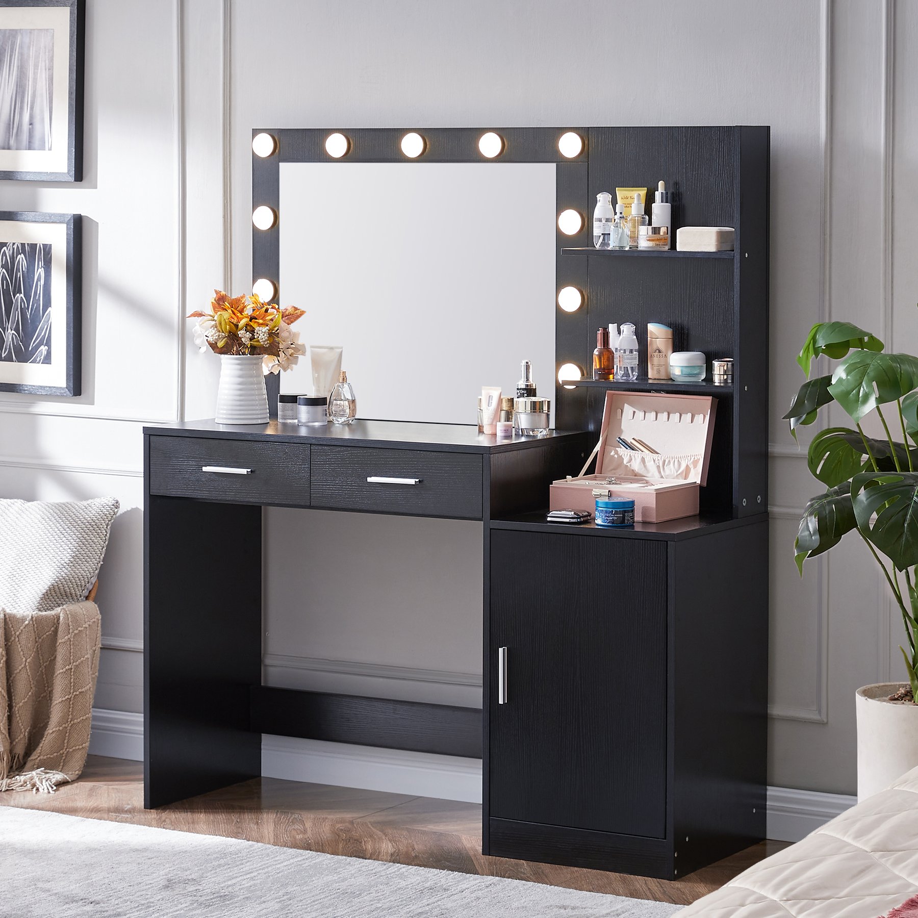 Vanity Desk With Mirror And Lights, 46.4In Dressing Table With 2 Large Drawer & Large Vertical Organizer, 3 Level Dresser & 3 Lighting Modes Adjustable Brightness, Suitable For Bedroom - Black - Image 4