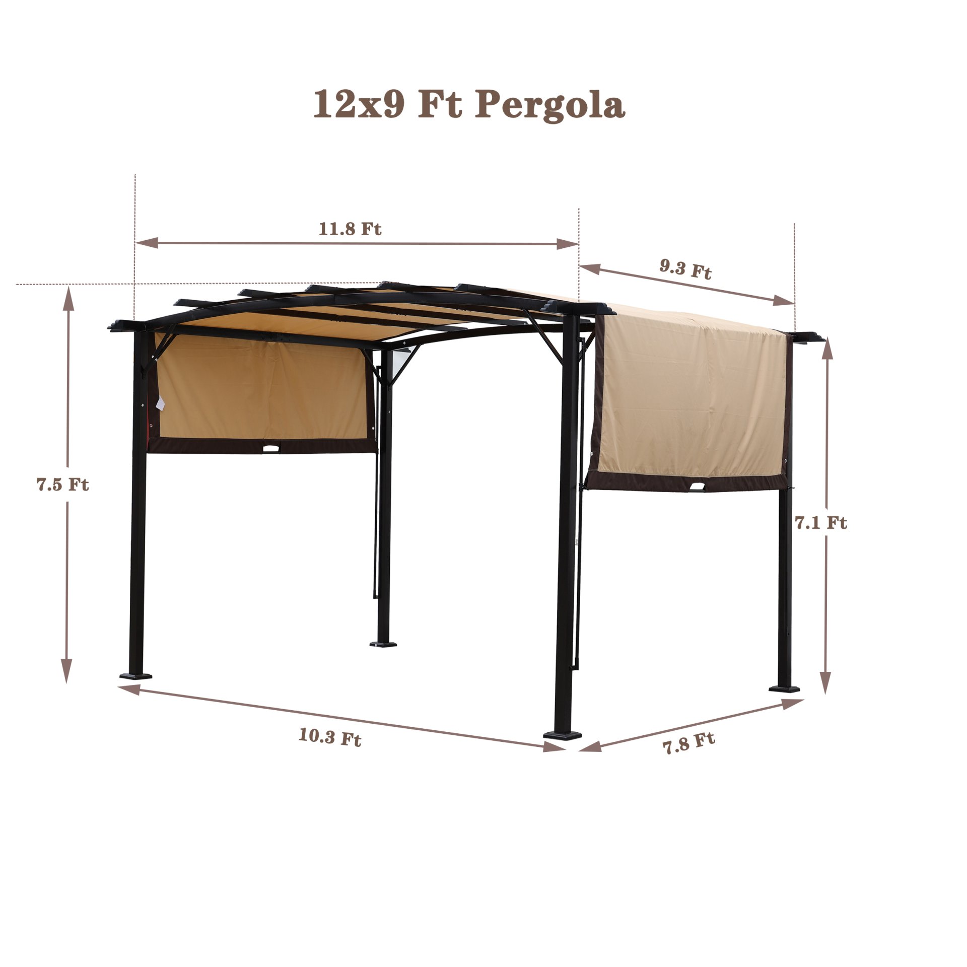 12 X 9 Ft Outdoor Patio Pergola Gazebo Steel Frame Sun Shelter With Retractable Canopy & - Beige / Brown - Image 3
