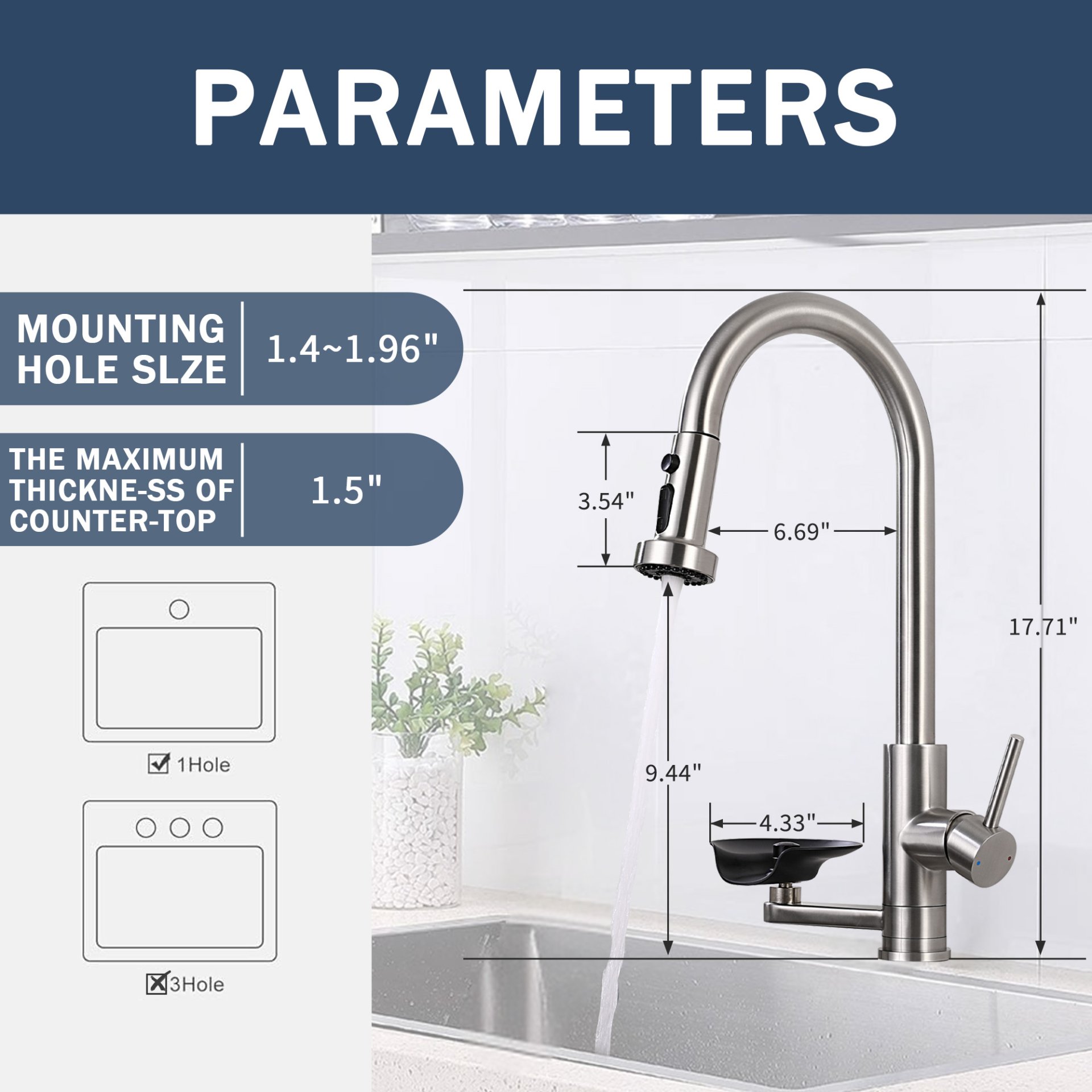 3 In 1 Kitchen Faucet With Press Type Glass Rinser, High Arc Pull Down Sprayer, 3 Function Spray Mode - Brushed Nickel - Image 3