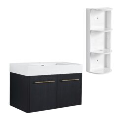 Modern 36" Wall Mounted Bathroom Vanity With Thick Edge Resin Sink And Storage Rack Plywood - Black Chestnut