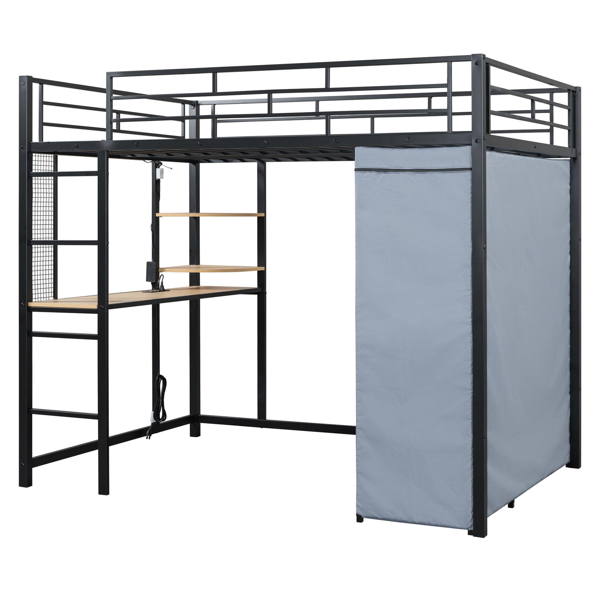Full Size Loft Bed With Desk, Shelves, Power Outlet, LED Light And Wardrobe - Black - Image 14