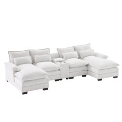 Modern U Shaped Sofa With Console, Cupholders And USB Ports, 6 Seat Upholstered Symmetrical Indoor Furniture, Sleeper Couch Set With Chaise - White