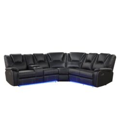 Modern Faux Leather Manual Reclining With Center Console With LED Light Strip, Living Room Furniture Set, Symmetrical Couch With 2 Cup Holders And Storage For Living Room - Black