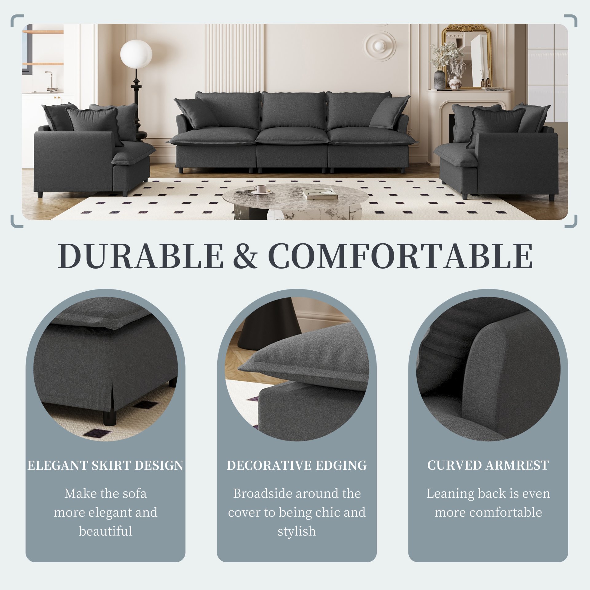3 Piece Living Room Set Modular Sectional Couch Upholstered 3 Seater Sofa & 2 Armchairs 5 Seat - Gray - Image 5