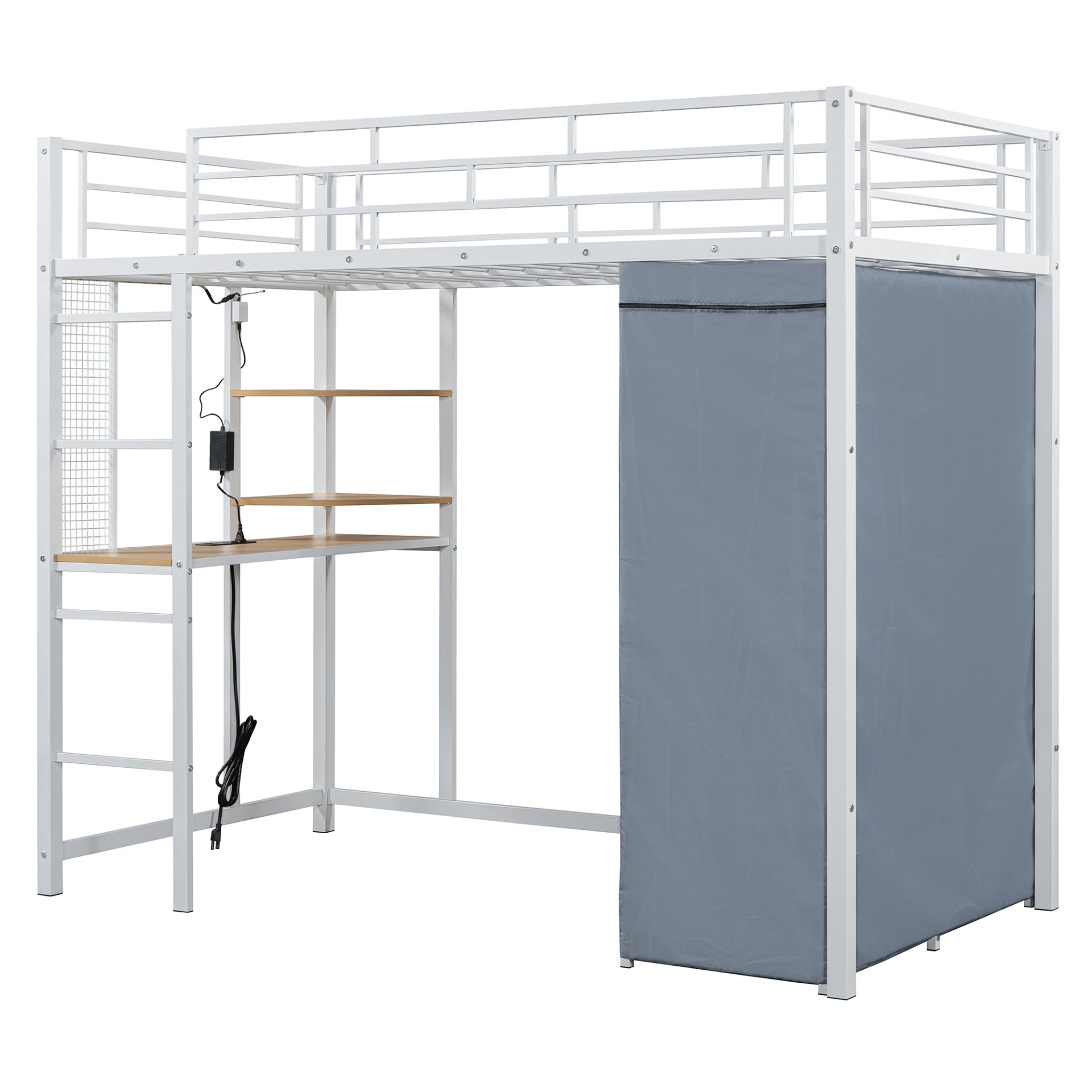 Twin Size Loft Bed With Desk, Shelves, Power Outlet, LED Light And Wardrobe - White - Image 22