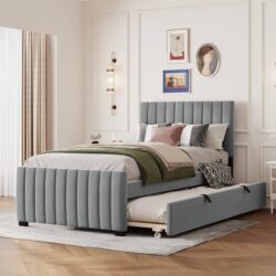 Twin Size Upholstered Platform Bed With Twin Size Trundle - Gray