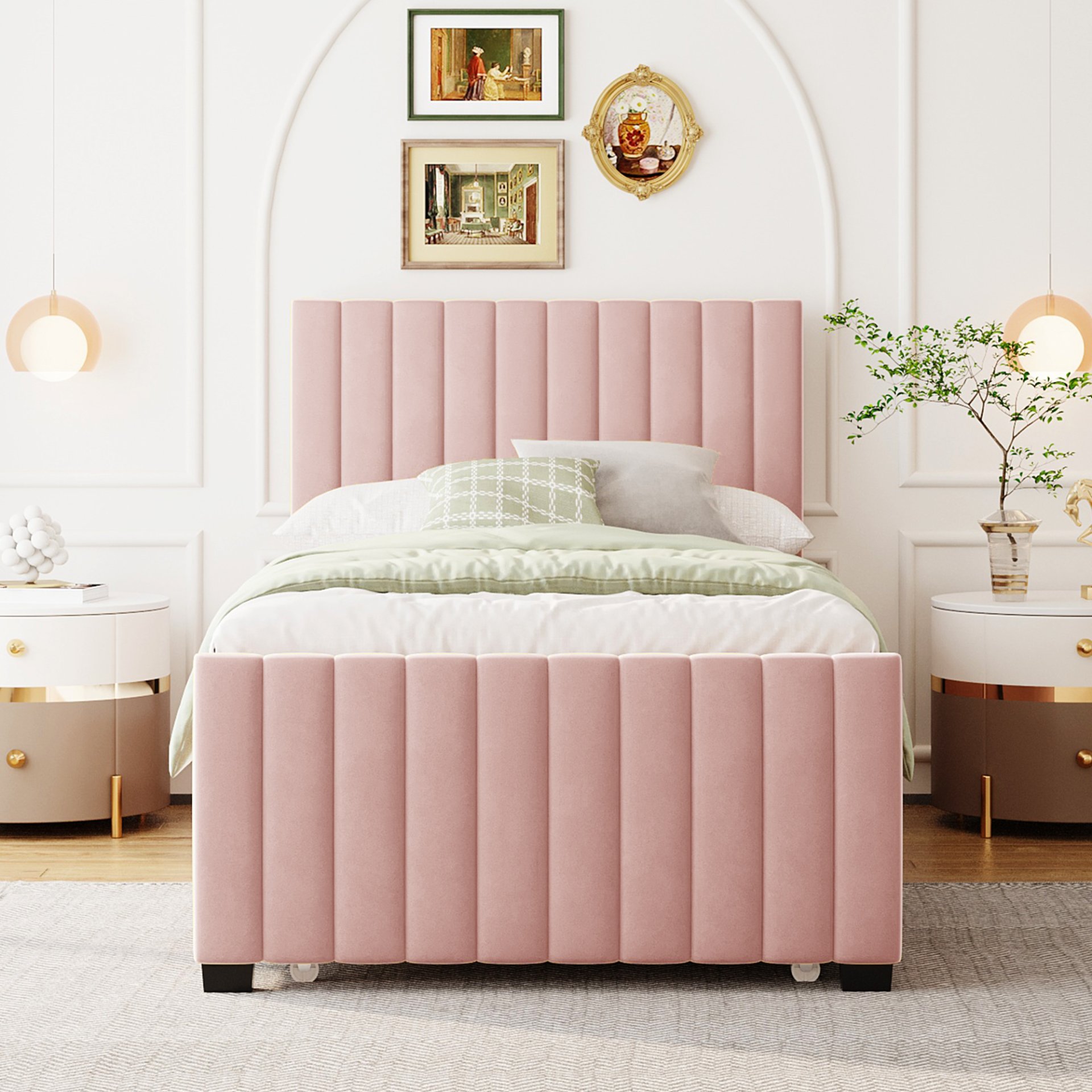 Twin Size Upholstered Platform Bed With Twin Size Trundle - Pink - Image 2